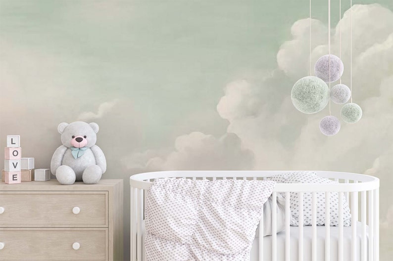 Baby Nursery Wallpaper Clouds With Mint Sky Wall Mural - Etsy