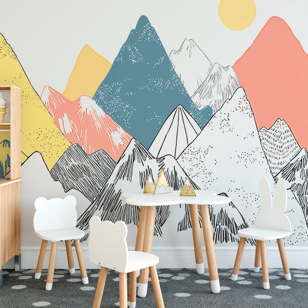 hand painted mountain with yellow sun kids bedroom mural removable wallpaper mountain landscape wallpaper colorful mountains nursery decor