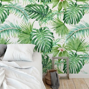 watercolor tropical monstera wallpaper bedroom large leaf decor exotic leaves wall mural Removable and Traditional wallpaper Available