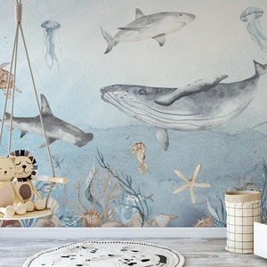 watercolor undersea wallpaper,undersea world nursery wallpaper,undersea creatures kids wall mural,custom size Peel & Stick | Regular