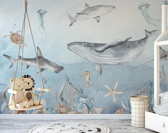 watercolor undersea wallpaper,undersea world nursery wallpaper,undersea creatures kids wall mural,custom size Peel & Stick | Regular