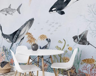 Underwater nursery wallpaper,Watercolor orca whale nursery wall decor mural,Bathroom ocean shark whale wallpaper, Sea life wall mural