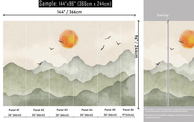 Buy Watercolor Sunset Wallpaper,mint and Light Green Mountains Sun Wall