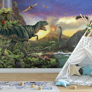 Dinosaur theme wall mural,kids bedroom decor,dino wallpaper,Jurassic dinosaurs and volcano wall print, Peel & Stick and Regular wallpaper