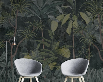 Dark tropical forest wallpaper vintage rainforest mural Peel and Stick Wall mural,Self adhesive temporary wallpaper & Traditional wallpaper