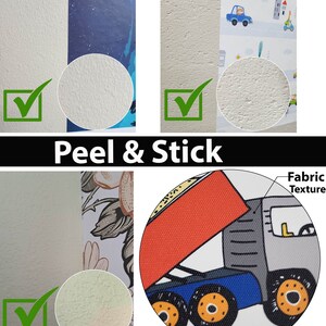 May include: Close-up of a peel and stick wallpaper with a fabric texture. The wallpaper features a cartoon truck with a red bed and blue cab. The text "Fabric Texture" is visible in the image.