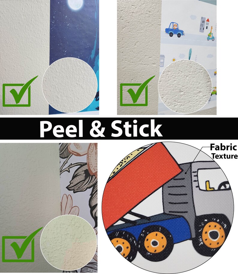 May include: Close-up of a peel and stick wallpaper with a fabric texture. The wallpaper features a cartoon truck with a red bed and blue cab. The text "Fabric Texture" is visible in the image.