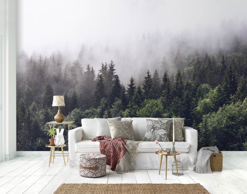 Foggy Forest Wall Mural Misty Gray Mountain Wallpaper Dark Green Trees In Mountain Mural Bedroom Decor Customizable Dimension Peel N Stick Wall Decor Home Living Delage Com Br