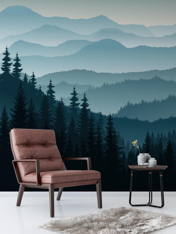 Dark Blue Mountain With Pine Tree Forest Wall Mural Removable Wallpaper Ombre Blue Mountains Wallpaper Peel Stick Temporary Wall Paper
