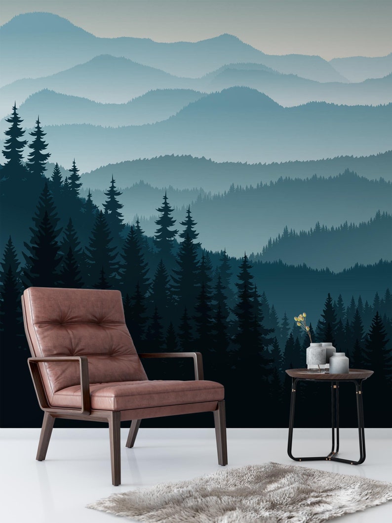 dark blue mountain with pine tree forest wall mural removable wallpaper