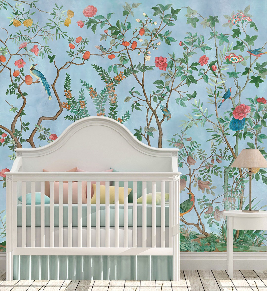 Vintage Pink Flowers Branch Birds Wallpaper,hand Painted Chinoiserie ...