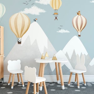 snow mountain nursery decor safari animals balloon wallpaper gray and blue mountain kids room wall mural blue sky hot air balloon wall mural