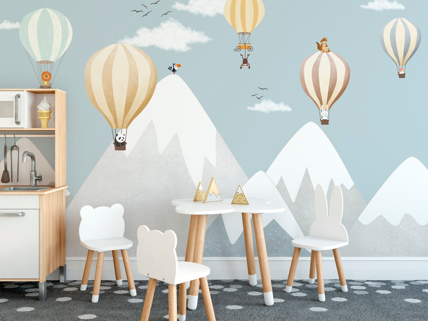 Nursery Soft Blue Gray Mountain Landscape and Little Hot Air Balloons Wall  Decal Sticker • Wallmur®