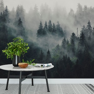 Misty fir forest landscape wallpaper grayish blue Mountain wall mural Peel and Stick foggy mountains wallpaper Traditional Available