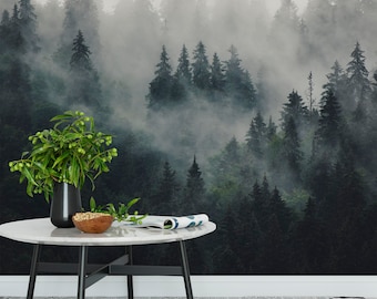 Misty fir forest landscape wallpaper grayish blue Mountain wall mural Peel and Stick foggy mountains wallpaper Traditional Available