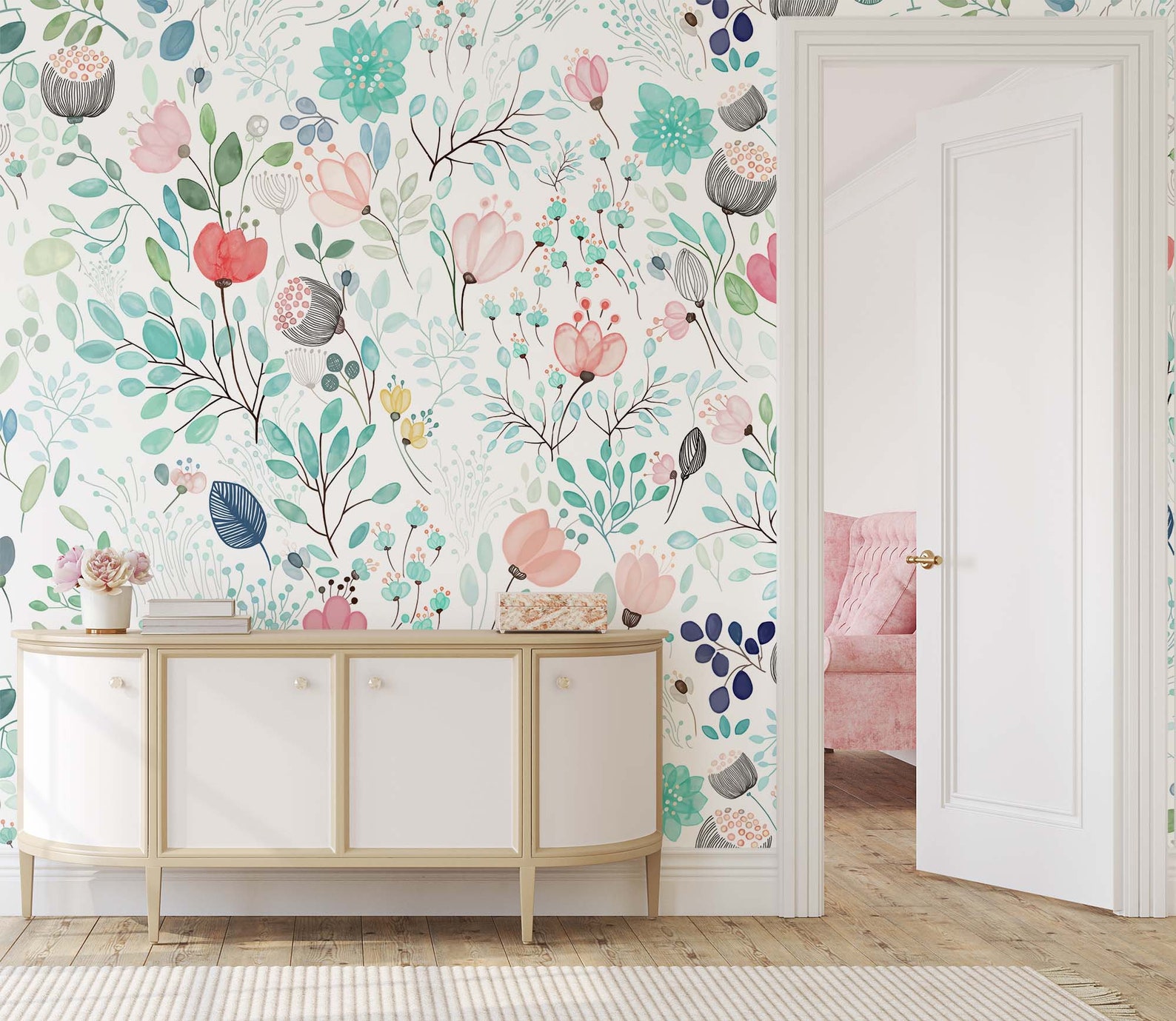 Spring Floral Wallpaper Powder Room Wall Paper Peel N Stick Etsy