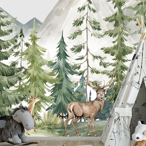 Watercolor pine trees and mountain wallpaper nursery bedroom,deers pine forest kids wallpaper,removable wallpaper regular mural customizable