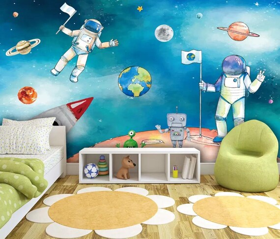 Watercolor Space Adventure Kids Wallpaper Mural Peel And Stick Nursery Wall Decor Boys Bedroom Wall Poster Removable Playroom Wall Art