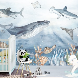 Underwater wallpaper mural,Watercolor Under the sea wall decor mural,Sea life wallpaper for nursery kids room,Antivirus wallpaper Available