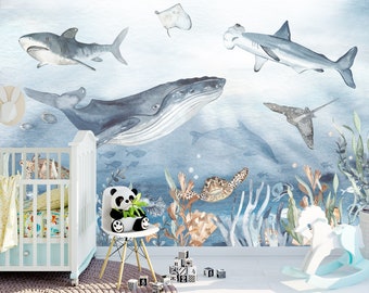 Underwater wallpaper backdrop,Watercolor shark whale nursery ocean wallpaper,Sea life kids bedroom decor