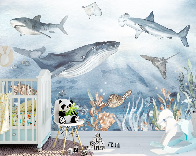 Underwater wallpaper mural,Watercolor Under the sea wall decor mural