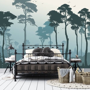 dawn forest wallpaper ombre grayish blue forest wallpaper,foggy mountain wallcovering peel and stick,anti-bacterial regular wallpaper