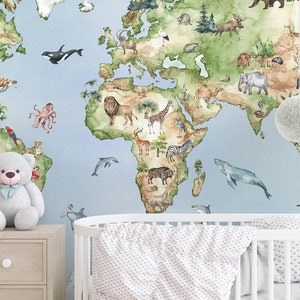 watercolor animals world map wallpaper kids wallpaper decor woodland wildlife map of world nursery mural Removable and Regular wallpaper