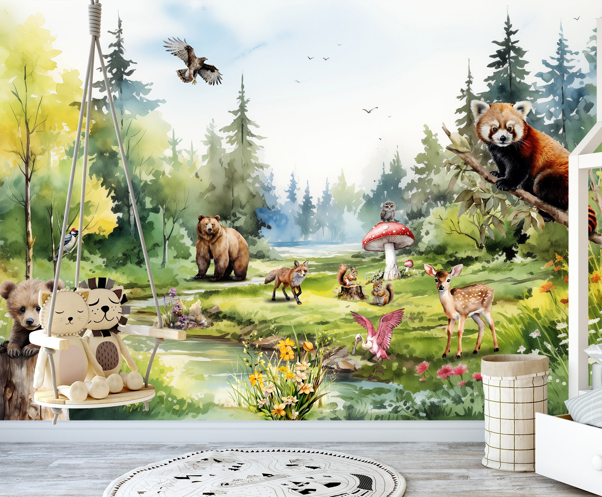 Watercolor Woodland Animals Wall Mural Removable Kids Bedroom Forest ...