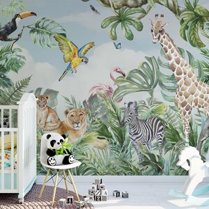 Aquarell tropische Tiere Tapete, Peel and Stick Kinderzimmer Wand WandBild KinderTapete Kinderspielzimmer Tapete Inneneinrichtung