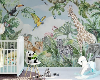 papel tapiz de acuarela animales tropicales, pelar y palo mural de la guardería papel tapiz para niños papel tapiz de la sala de juegos del niño diseño interior