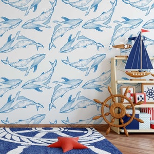 sketch blue whale wallpaper peel and stick nursery ocean fish wallpaper removable wall decal self adhesive color dimensions customizable