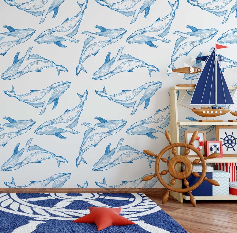 Sketch Whale Wallpaper Peel and Stick Ocean Fish Wall Paper | Etsy