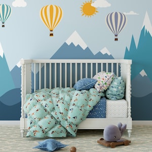 Blu ombre montagne muro murale,Peel 'n Stick palloncini colorati carta da parati,Snowy Peak Nursery Wall Decor,Tessuto rimovibile,Dimensioni personalizzate