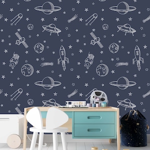 Dark backdrop with white space wallpaper removable rockets astronaut UFO nursery wallpaper decor Peel and Stick kids room wall mural