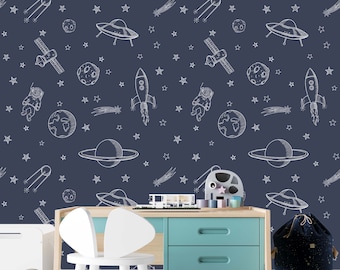 Dark backdrop with white space wallpaper removable rockets astronaut UFO nursery wallpaper decor Peel and Stick kids room wall mural