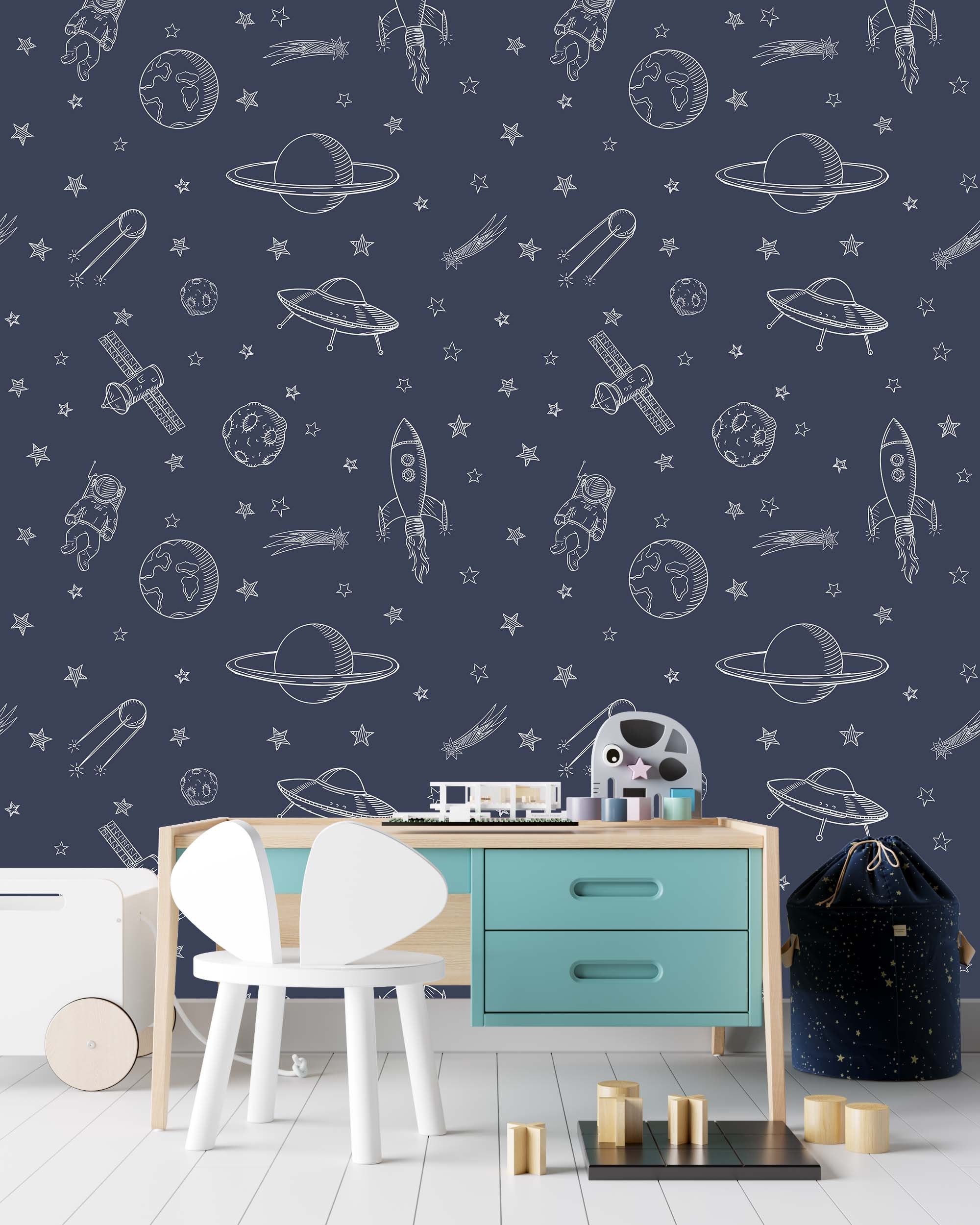 Space Theme Wallpaper Dark Blue Background Doodles Rockets - Etsy Space Theme Wallpaper Dark Blue Background Doodles Rockets - Etsy