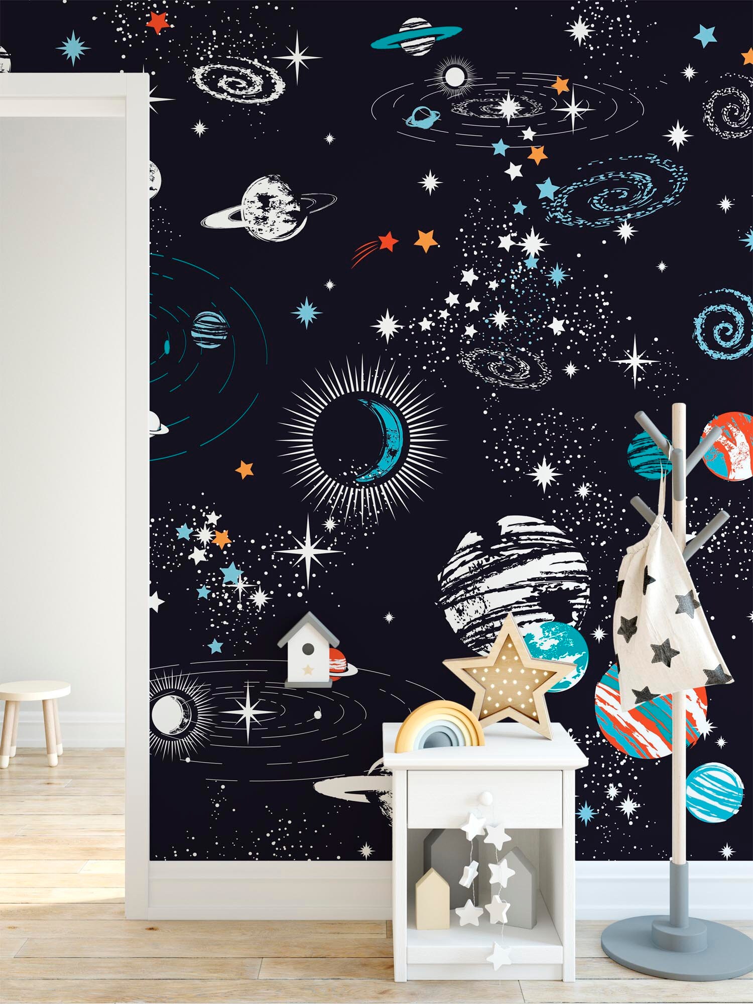 Handdrawn Style Planets Wall Mural Kids Room Dark Blue Space Wallpaper