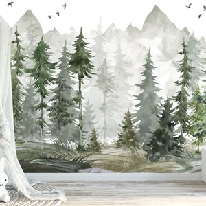 Green pine trees mountain wallpaper removable watercolor nursery forest wall mural decor bedroom wall art Traditional wallpaper Available