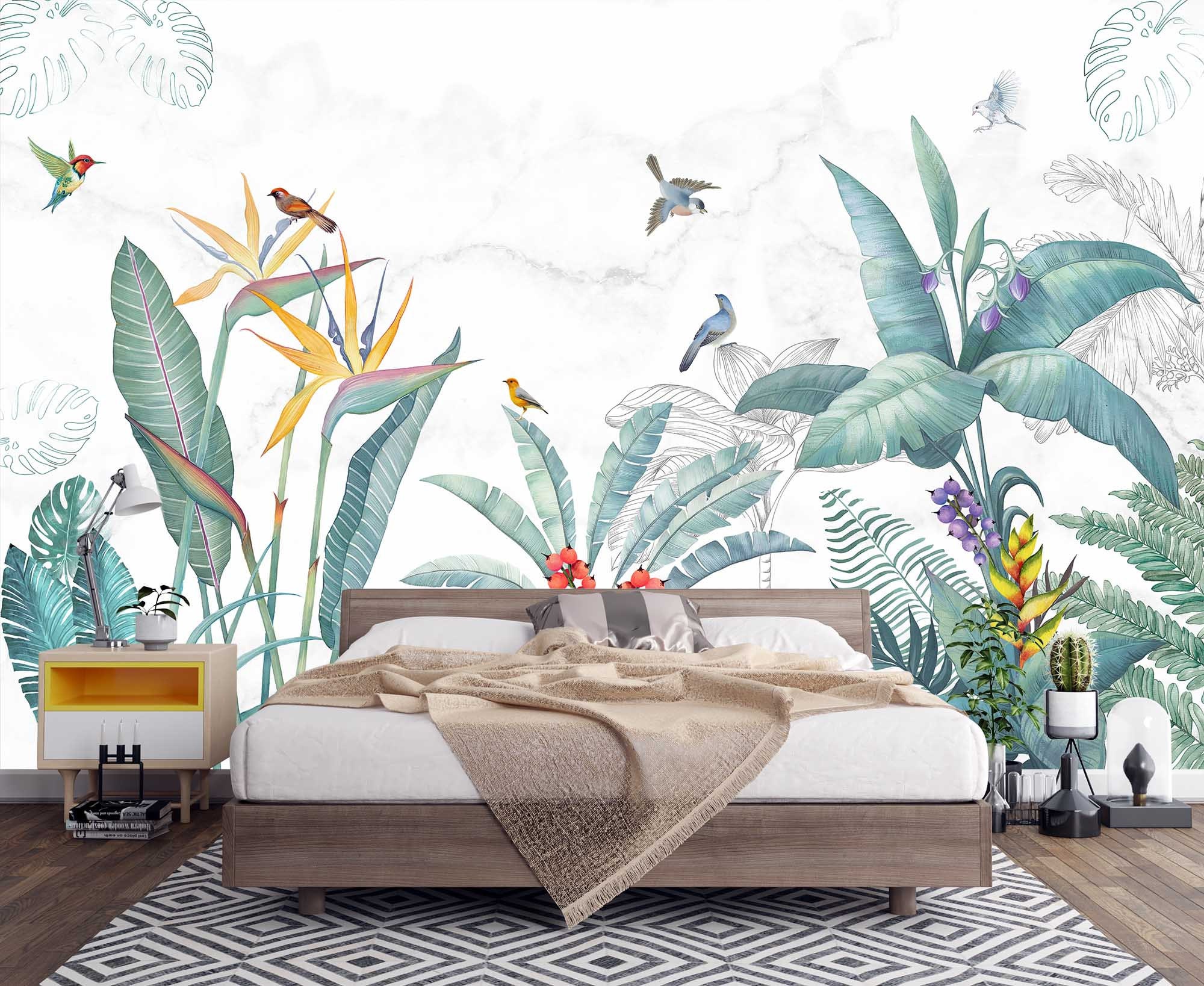 Tropical Leaf Wallpaper Removable Wall Mural Tropical Birds Etsy UK