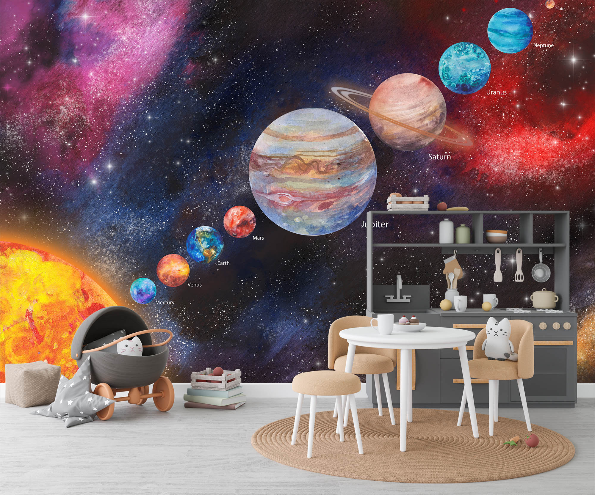 Watercolor Solar System Wallpaper Dark Planets and Space Wall Mural ...