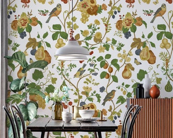 fruit tree and birds wallpaper Peel and Stick garden botanic wallpaper removable trend wallcovering self adhesive mural