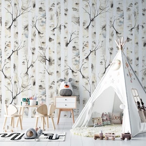 Watercolor birch wallpaper nursery wall decor removable gray birch forest wallpaper,kids room decor mural Peel and Stick birch tree decal