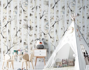 Abnehmbare grau birke Tapete, Kinderzimmer Wandbild benutzerdefinierte Größe Schälen und aufkleben