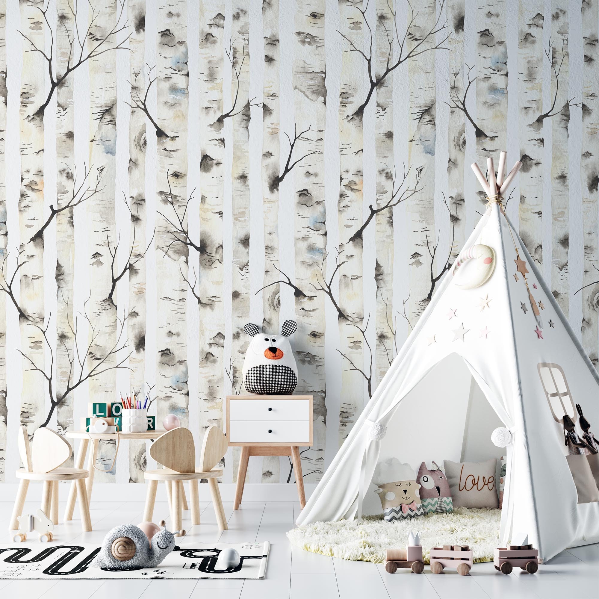 Watercolor birch wallpaper nursery wall decor removable gray birch forest wallpaper,kids room decor mural Peel and Stick birch tree decal