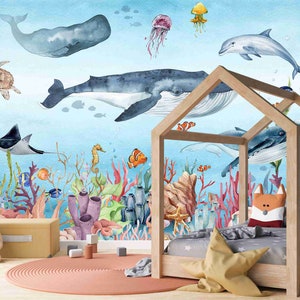 watercolor undersea world wallpaper ocean animal wallpaper whale manta ray nursery wall mural Peel and Stick Traditional wallpaper available