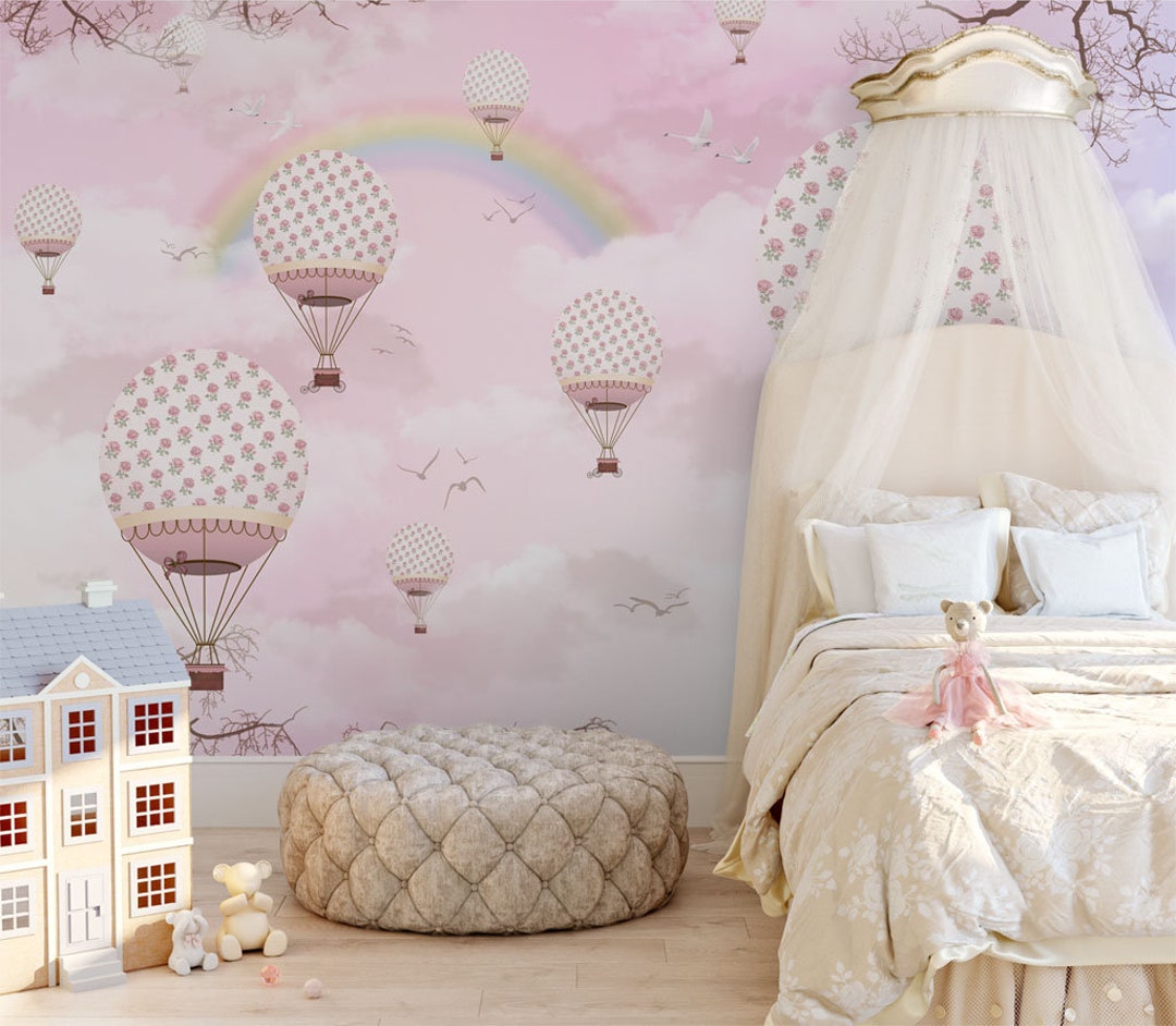 Pink Sky With Rainbow Wallpaper for Girls Bedroom Removable Kids Wall