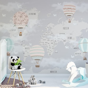 safari hot air balloon nursery wallpaper grey background animals world map wall mural Peel and Stick or Regular wallpaper Customizable