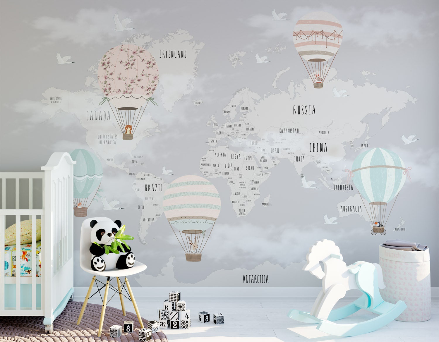 Safari Hot Air Balloon Nursery Wallpaper Grey Background World Etsy