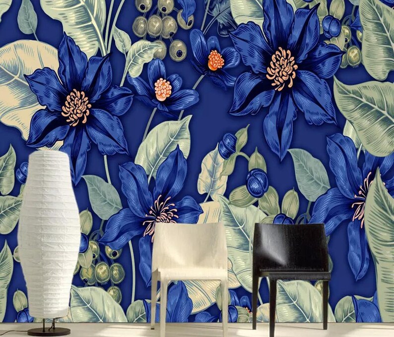 Blue floral wallpaper exotic flower wall paper dark botanic Etsy
