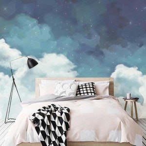 Fantastic starry sky fluffy cloud removable wallpaper,Peel n Stick blue night wall mural,Nursery decor wallpaper,Self adhesive n Tradtional
